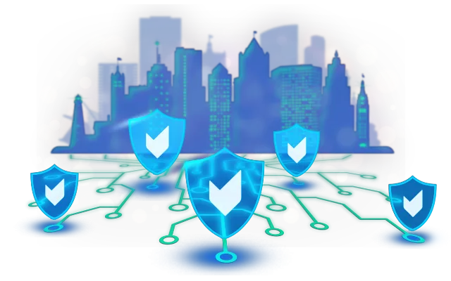 PKWARE protecting sensitive data across a connected enterprise, shown as shielded assets over a city skyline