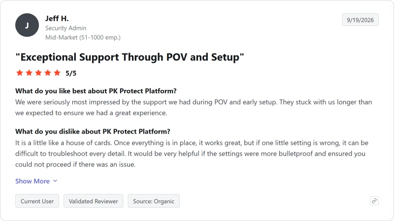 G2 review of PK Protect Platform, 5 out of 5, September 2026