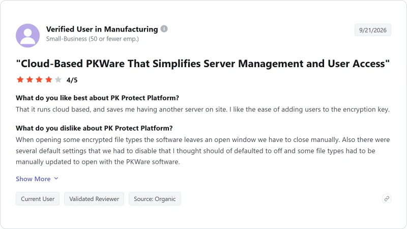 G2 review of PK Protect Platform, 4 out of 5, September 2026