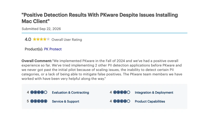 Gartner Peer Insights review of PK Protect, 4.0 out of 5, September 2026
